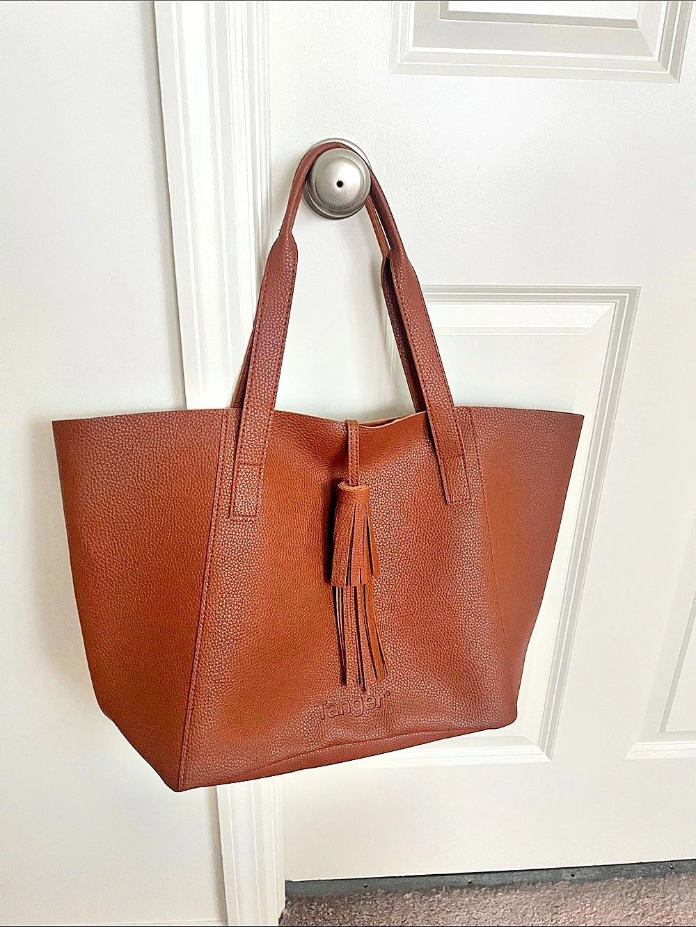 Tanger Faux Leather Tote Bag with Tassel Brown